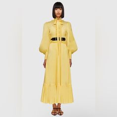 Nwt Leo Lin's Claudia Tie Neck Midi Dress In Lemon Features Premium Silk Linen With A High Collared Neckline, Bow Tie, Balloon Sleeves With Button Cuff And Voluminous Skirt With Ruffle Hem. Message For Discount Size Us4 Size Au8 New With Tags Smoke Free Home B062 Luxury Long-sleeved Pleated Dress, Luxury Belted Midi-length Dresses, Luxury Long Sleeve Dress For Daywear, Luxury Midi Length Daywear Dresses, Yellow Pleated Dress For Daywear, Luxury Maxi Dress For Spring Workwear, Luxury Maxi Dress For Workwear In Spring, Elegant Yellow Pleated Dress, Luxury Yellow Silk Dresses