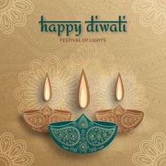 happy diwali festival of lights with decorative design on beige and blue background, decorated with paisley ornament