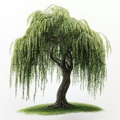 a willow tree with green leaves on top of a grass covered field, in front of a white background