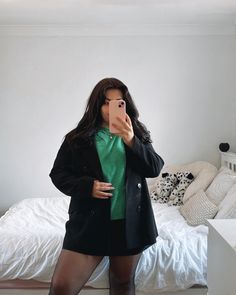 Ways to wear a black mini skirt, black mini skirt, black satin skirt, oversized blazer, green jumper, work outfit spring outfit #SpringChallenge Work Outfit Spring, Black Satin Skirt, Green Jumper, Midsize Fashion, Mini Skirt Black, To Wear, Satin Skirt, Oversized Blazer, Black Mini Skirt