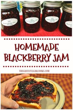 homemade blackberry jam in jars on a plate with the words homemade blackberry jam above it