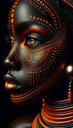 a woman's face painted in orange and black with circles on her body,