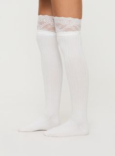 Knee high socks with lace cuff  90% cotton 10% polyester  Cold hand wash   For hygiene reasons, this item cannot be returned Socks With Lace, White Knee High Socks, Thigh High Sock, Thigh Socks, Lace Cuffs, Fleece Dress, Thigh High Socks, Sweatshirt Set, Outerwear Outfit