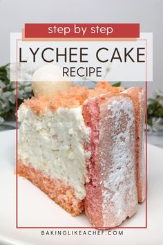 A single slice of lychee cake on a white dessert plate: Close up Lychee Dessert, Pink Biscuits, Lychee Cake, Lychee Recipes, Dessert French, New Year's Desserts, Bavarian Cream, Vegan Candies, Summer Cakes