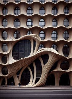 an unusual building that looks like it is made out of wood and has curved windows