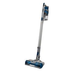 a blue and silver vacuum cleaner on a white background