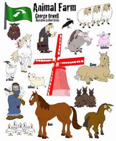 an animal farm poster with horses, goats and sheep