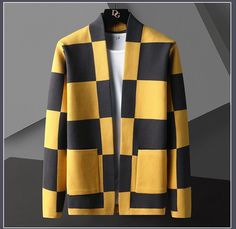 Product information: Material: VinylonStyle: casualFeatures: V-neck, contrast colorColour: blue, yellow, black Packing list: Knit Sweater*1 Product Image: Fall Knit Sweater, Knitted Cardigan Sweater, Autumn Jacket, Mens Sweaters, Cocktail Wear, Plaid Cardigan, Plaid Sleeve, Jacket Sweater, Sweater Trends