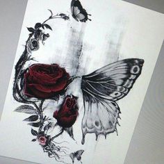 a drawing of a butterfly and roses on a white paper with watermarked edges