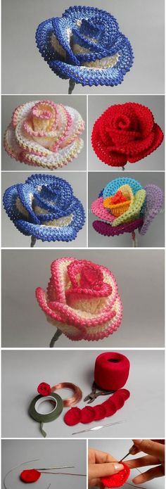 crochet flowers are being made with yarn