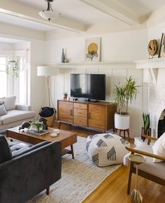 a living room filled with furniture and a flat screen tv on top of a fireplace