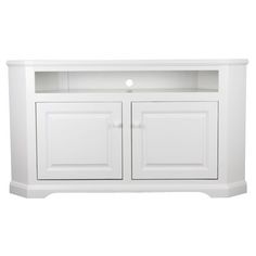 a white entertainment center with two doors and one drawer on the bottom shelf, against a white background