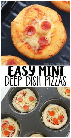 easy mini deep dish pizzas with cheese and pepperoni on top, in a muffin tin