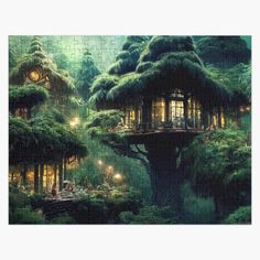 a jigsaw puzzle with a tree house in the forest at night, surrounded by trees and lights