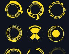 various circular symbols on a black background with yellow highlights and white circles in the middle