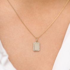 Made to Order
Gold Kt: 14K (also available in 18K)
Available Gold Color: Rose Gold, Yellow Gold, White Gold
Length & Width: 10.5 x 7.5MM 
Round Diamond: 24 pcs 1.20 MM 
Total CTW: 0.18 Ctw
Diamond Color-Clarity: G Color SI Clarity Dainty Rectangular Diamond Jewelry, Dainty Rectangular Diamond-cut Jewelry, Rectangular 14k Stamped Diamond Jewelry, Gold Diamond Necklace With Rectangular Pendant As A Gift, Elegant Stamped 14k Rectangular Pendant Jewelry, Yellow Gold Jewelry With Diamond Accents Rectangular Pendant, Personalized 14k Gold Diamond Necklace With Initial Pendant, Formal 14k Gold Diamond Necklace With Square Pendant, 14k Rose Gold Rectangular Pendant