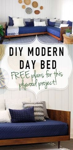 a day bed with pillows on it and the words diy modern daybed free plans for this playground project