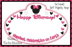 a happy birthday sign with minnie mouse ears and hearts in pink, black and white