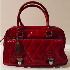 Red Quilted Patent Leather Coach Handbag And Matching Patent Red Leather Shoulder Strap With Silver Hardware. Matching Red Patent Leather And Silver Coach Tags. Dark Blush Sateen Interior W/ Large Single Zippered Pocket And Two Pouches. Zero Interior Blemishes, Stains Or Tears. Never Used. Excellent Condition. Zero Hardware Scratches. Minimal Blemishes (As Seen In Pictures) From Two Moves. Smoke Free Home. Items Normally Ship Same Day Or Next Business Day. Excluding Weekends And Holidays. Red Rectangular Satchel With Silver-tone Hardware, Red Leather Satchel With Branded Hardware, Red Coach Shoulder Bag For Office, Red Coach Satchel With Top Carry Handle, Designer Red Bags With Silver-tone Hardware, Red Leather Satchel With Silver-tone Hardware, Red Coach Shoulder Bag With Branded Hardware, Coach Red Shoulder Bag With Branded Hardware, Dark Blush