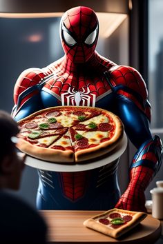 a spider man holding a pizza with pepperoni and cheese on it in front of him