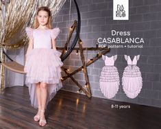 "Party Dress Sewing Pattern PDF, Girls Dress Pattern, Sewing tutorial, Video instruction, Kids dress pattern, Sizes 8-11 years (128-146 cm) How to use pdf patterns: https://youtu.be/8LcM9-yaz2E Sewing tutorial: https://youtu.be/ewA8VZjmJBo This dress of incredible beauty will not leave you indifferent. Layers of tulle create a fabulous mood and turn little girls into real princesses.   The laconic bodice is made of satin and complemented with delicate wings of tulle and a layer of dec-orative feathers. Six layers of tulle are sewn into a fluffy asymmetrical skirt as we added a small train at the back that will not interfere with magical dancing.  Hidden zipper on the back. The wrong side of the dress is perfect, since the dress is fully lined.   Make this wonderful dress and your daughter Tulle Dress Pattern, Sewing Dress Pattern, Childrens Party Dresses, Party Dress Pattern, Girls Dress Pattern, Party Dress Patterns, Pink Tulle Dress, Girls Tulle Dress, Girl Dress Pattern