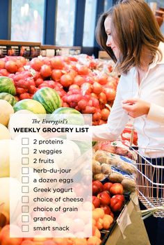 a woman shopping for produce in a grocery store with the text weekly grocery list on it