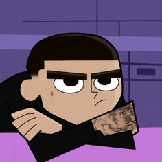 a cartoon character holding money in one hand and looking at the camera with an angry look on his face