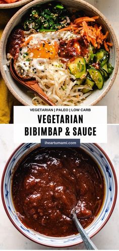 vegetarian bibimbap and sauce with text overlay