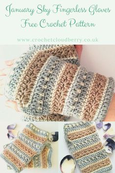 crocheted gloves and mitts with text that reads january sky fingerless gloves free crochet pattern