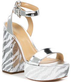 From Michael Kors, the Ashton Sequin Zebra Print Platform Sandals feature:Metallic leather upperBuckle closureSynthetic liningRubber outsoleapprox. 5" zebra sequin wrapped heelapprox. 1.25" platform heightImported. Summer Sequin Sandals In Synthetic Material, Spring Sequins Open Toe Heels, Spring Sequin Sandals With Synthetic Material, Spring Synthetic Sandals With Sequins, Spring Sequined Synthetic Sandals, Spring Sequin Synthetic Sandals, High Heel Sandals With Sequins For Spring, Summer Sequined Round Toe Heels, Formal Sandals With Sequins And Round Toe