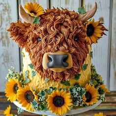 a cake decorated with sunflowers and a cow's head