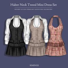 three women's dresses are shown in different colors and sizes, with the text maker neck tweed mini dress set