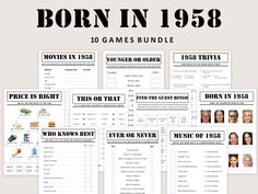 the game bundle for born in 1932 is shown with text and pictures on it, including games