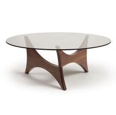 an oval glass table with wooden legs