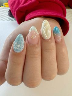 Nail Inspo For Almond Nails, Going To A Wedding Nails, Summer Nails Oval Short, Cancun Inspired Nails, Nail Inspo Seashell, Underwater Nail Designs, 3d Nails Design Summer, Spring Gel X Nails Almond, Gel Nail Designs Medium Length Almond