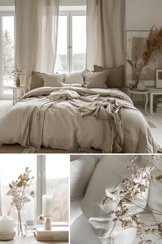 there is a collage of pictures with flowers in vases and bed linens