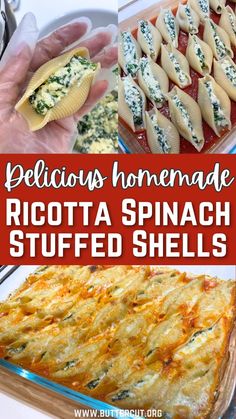 different types of pasta shells in glass dishes and on trays with text overlay that reads delicious homemade ricotta spinach stuffed shells