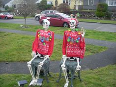 two skeletons sitting on top of chairs in the grass