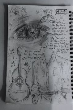 a drawing of an eye, guitar and shirt with writing on the bottom right hand corner