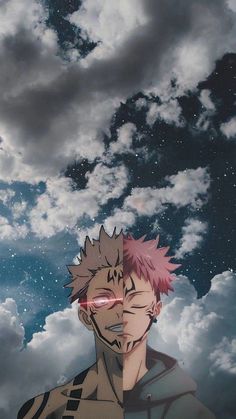 an anime character with pink hair and glasses looking up at the sky in front of clouds