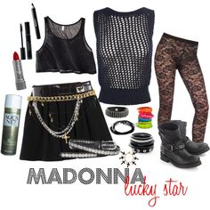 there is a woman's outfit and accessories in the picture, including shoes, lipstick, bracelets, socks, necklaces, watch