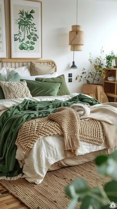 an unmade bed with green blankets and pillows on top of it in a bedroom