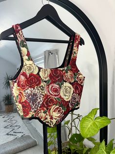 This extremely luxurious and vibrant corset is created in a superb quality tapestry fabric that features a lovely rose floral design. Corsets feature a black satin lining which you can reverse the top into and a ribbon tie-up back allowing you to adjust it to your style and fit. * P.S. This pairs beautifully with our  matching skirt & scrunchie! - Hand wash only Luxury Red Tops With Floral Print, Corset Mini Skirt, Tapestry Corset, Victorian Fancy Dress, Floral Textile, Fancy Dress Outfits, Satin Noir, Handmade Rose, Tapestry Fabric