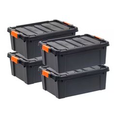 three black storage boxes with orange handles