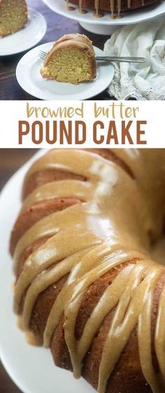 a close up of a bundt cake on a plate with the words browned butter pound cake