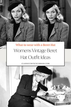 images of lauren bacall and marilyn monroe wearing beret hat with text overlay "what to wear with a beret hat womens vintage beret hat outfit ideas" Black Beret Outfit Aesthetic, How To Style Beret Hat Outfit, Outfits With Beret Hats Black Women, Outfits With Beret Hats, French Beret Outfit, How To Style Beret