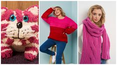 three photos of women wearing knitted sweaters and scarves, one with a cat