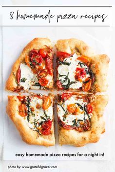 four slices of pizza sitting on top of a white cutting board with cheese and tomatoes