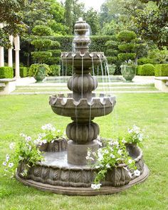 the different types of flowers and plants are shown in this collage, including water fountain