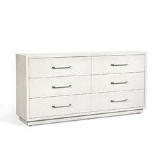 a white dresser with four drawers and two doors on each side, in front of a white background